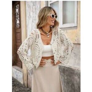 Lace Crochet Open-Front Sweater Cardigan - Cream